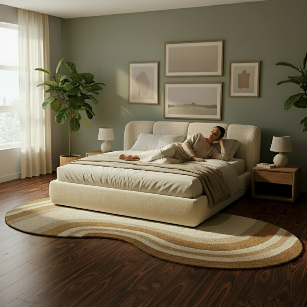 Beige Cream Abstract Wavy Wool Rug