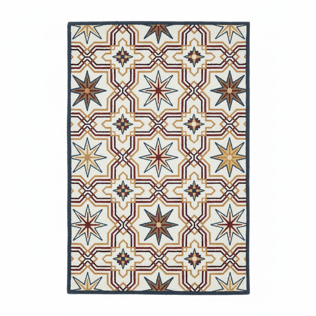 Ivory, burgundy, and gold Moroccan geometric area rug with star pattern.