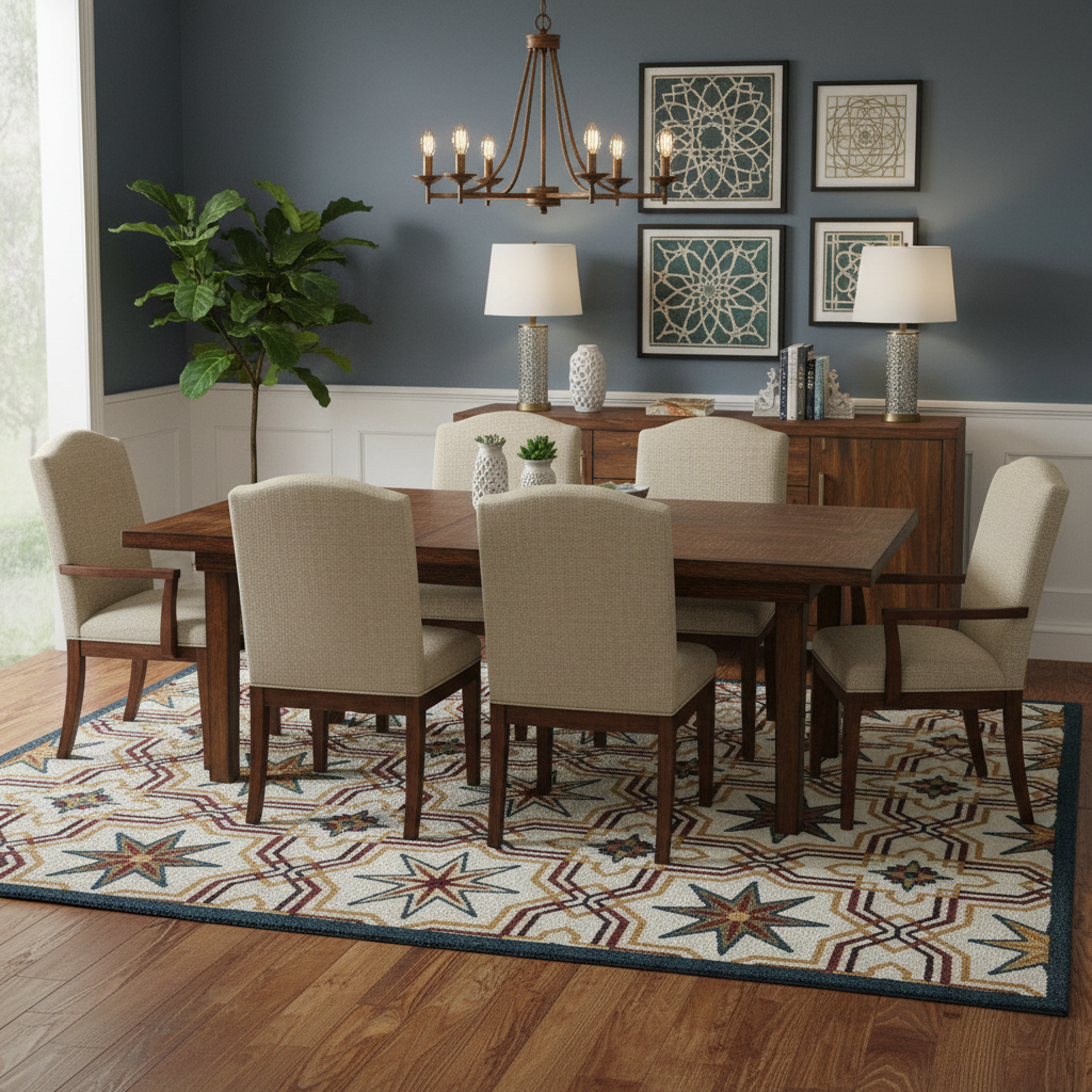 Geometric star pattern area rug in ivory, red, and gold colors.