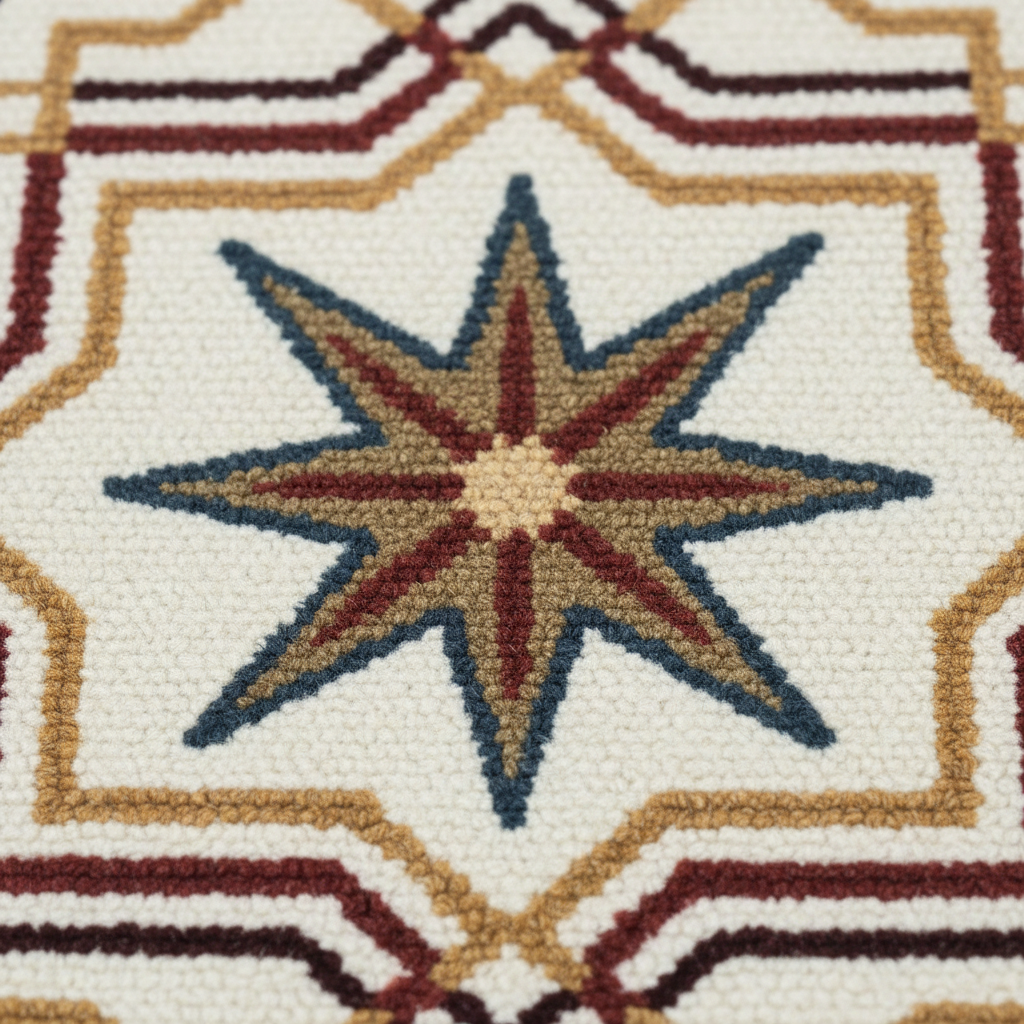 Handmade ivory rug with striking star motifs and deep blue border.