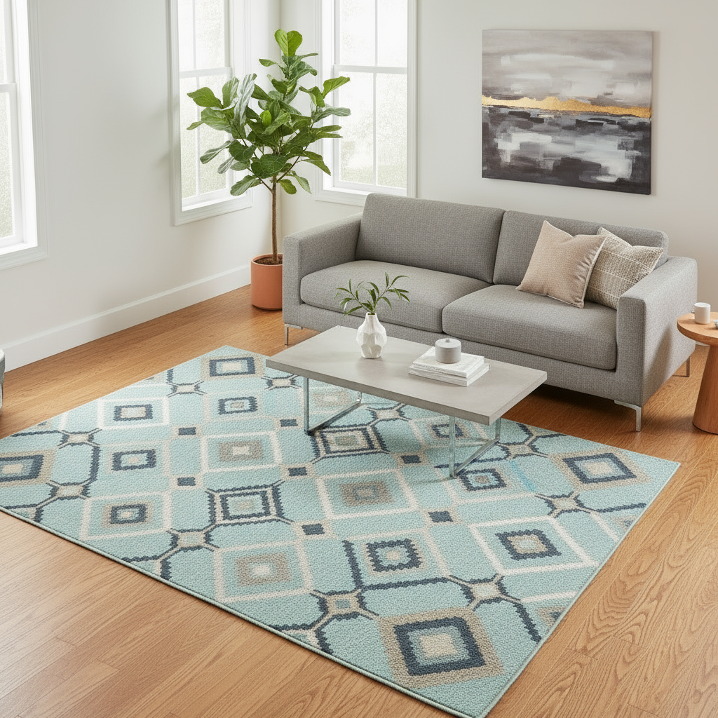 Living room with a gray sofa, patterned rug, and decorative items.