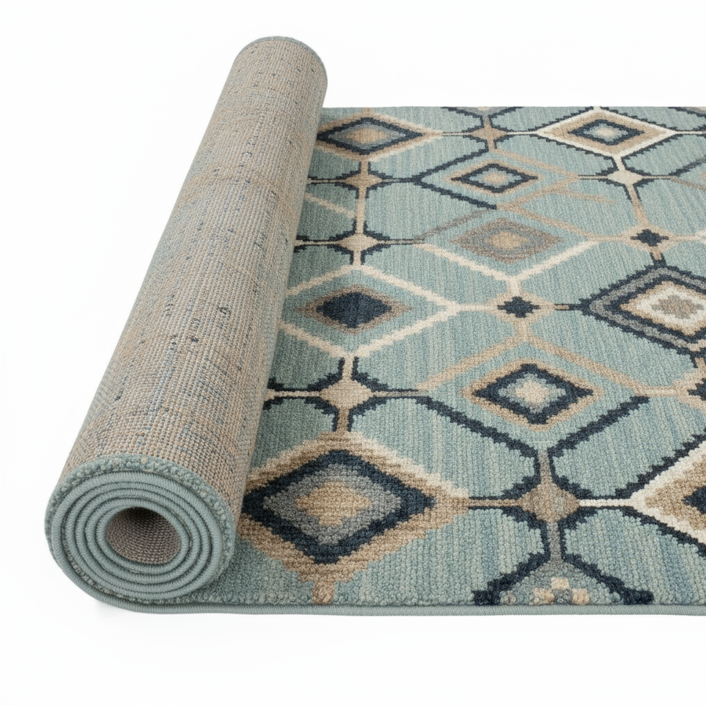 Roll of patterned rug with geometric design on a white background