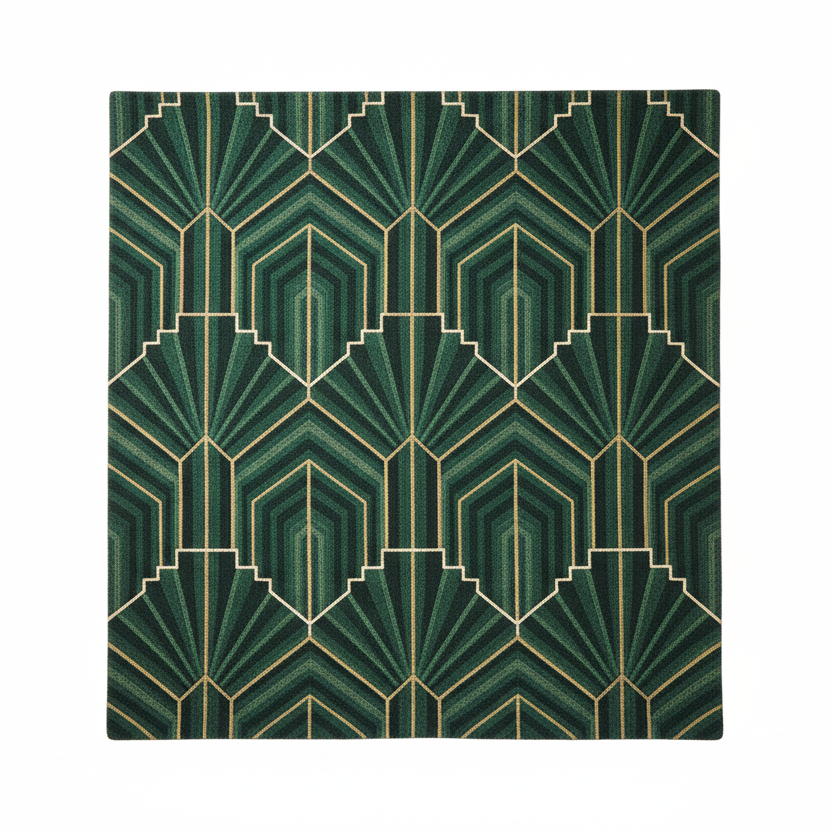 Green geometric patterned rug on a white background