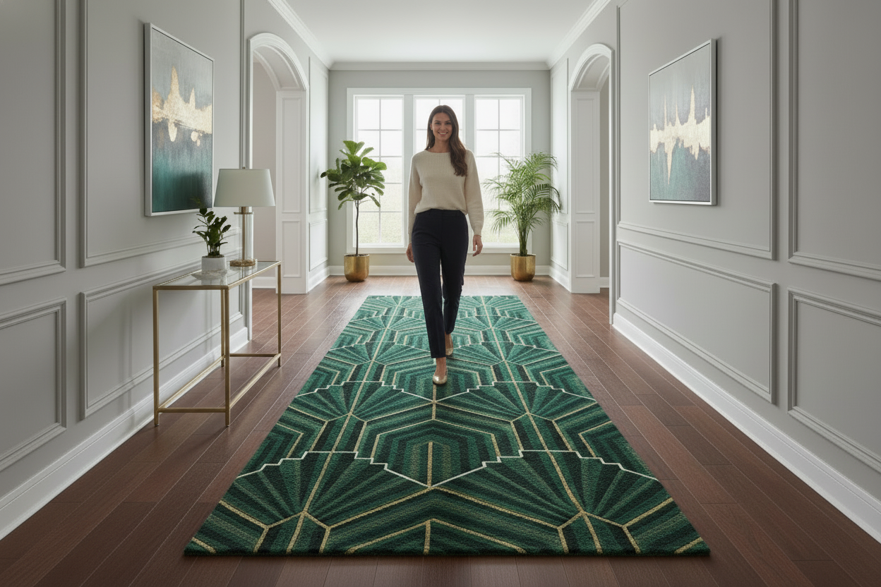 Woman walking on a green geometric patterned rug in a modern home interior.