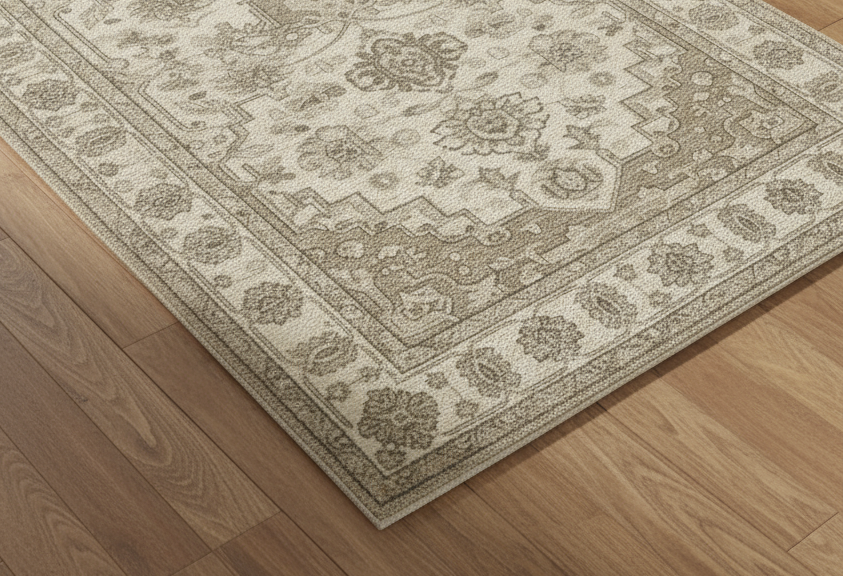 Neutral floral wool rug in ivory and taupe, hand-knotted for luxury interiors and soft underfoot comfort.