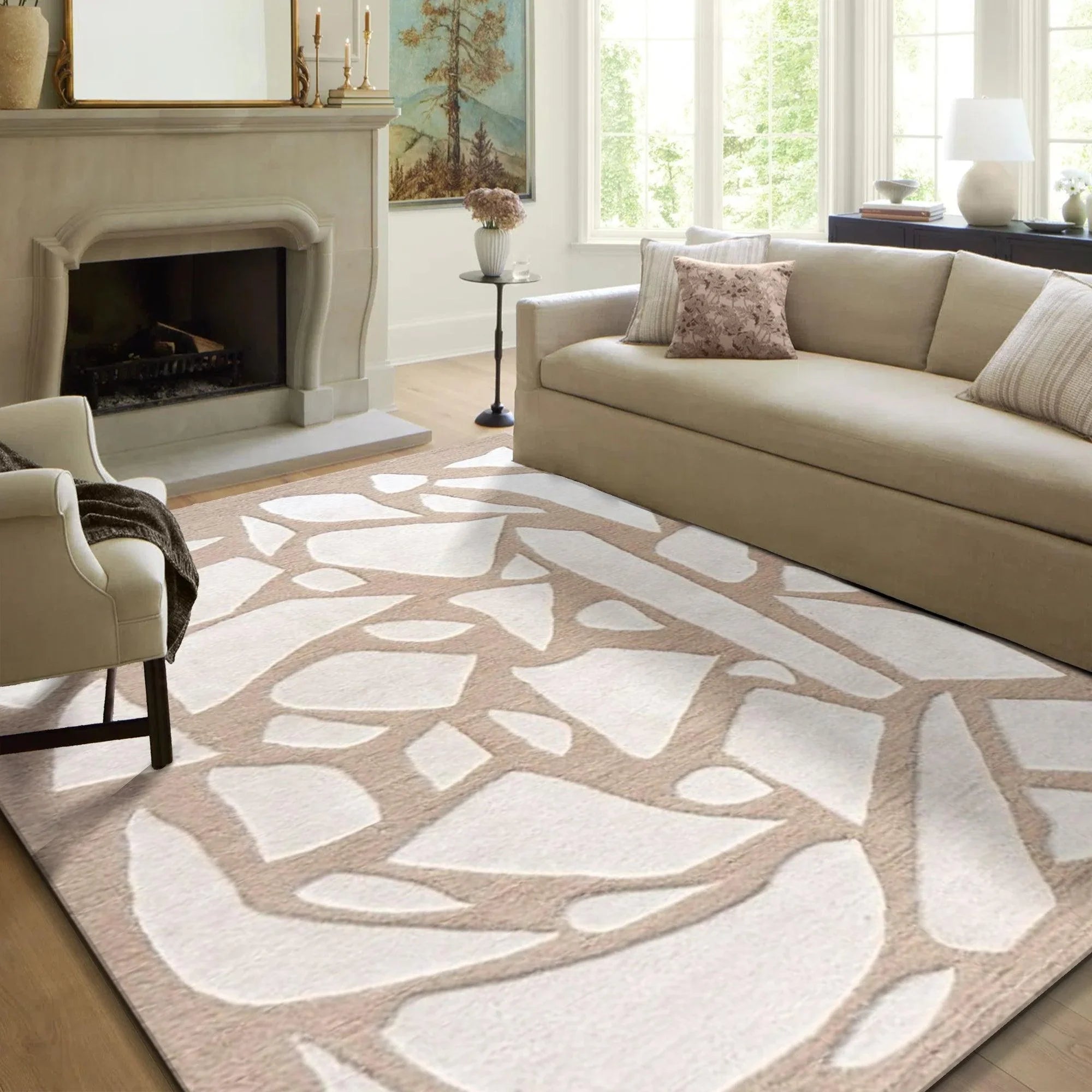 Cream Beige Abstract Hand Tufted Wool Blend Area Rug
