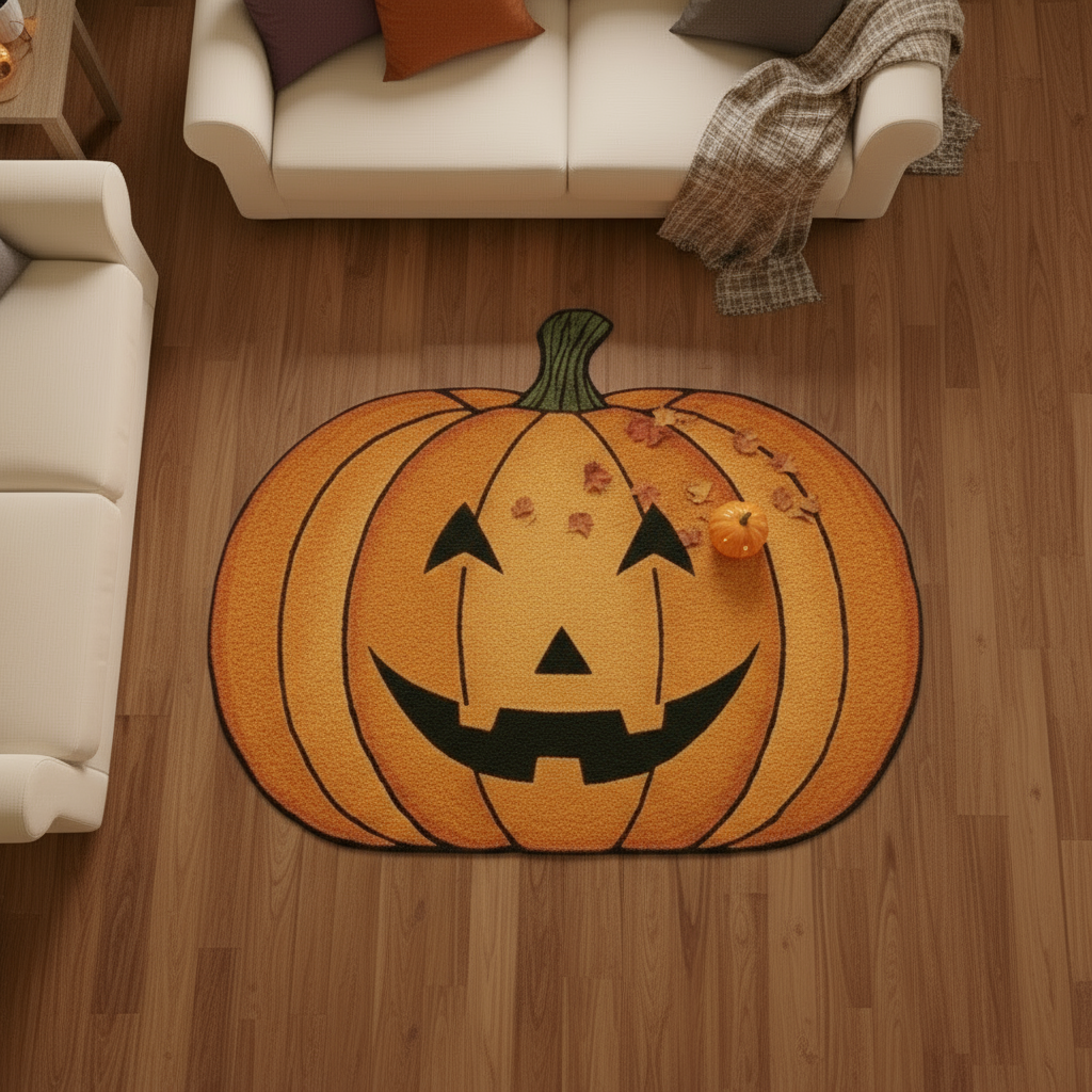 Artisan-crafted orange wool rug with pumpkin pattern, perfect for seasonal fall decoration