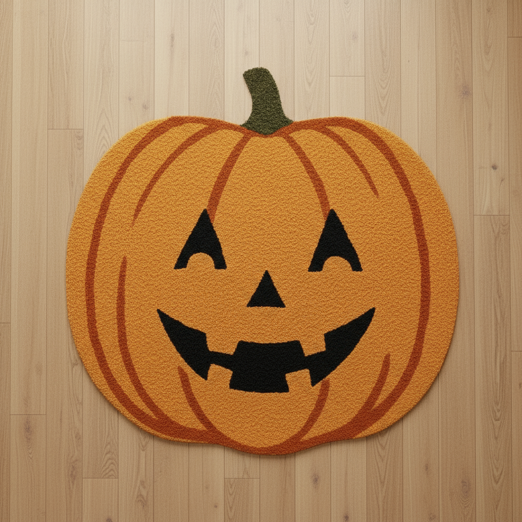 Artisan-crafted orange wool rug with pumpkin pattern, perfect for seasonal fall decoration