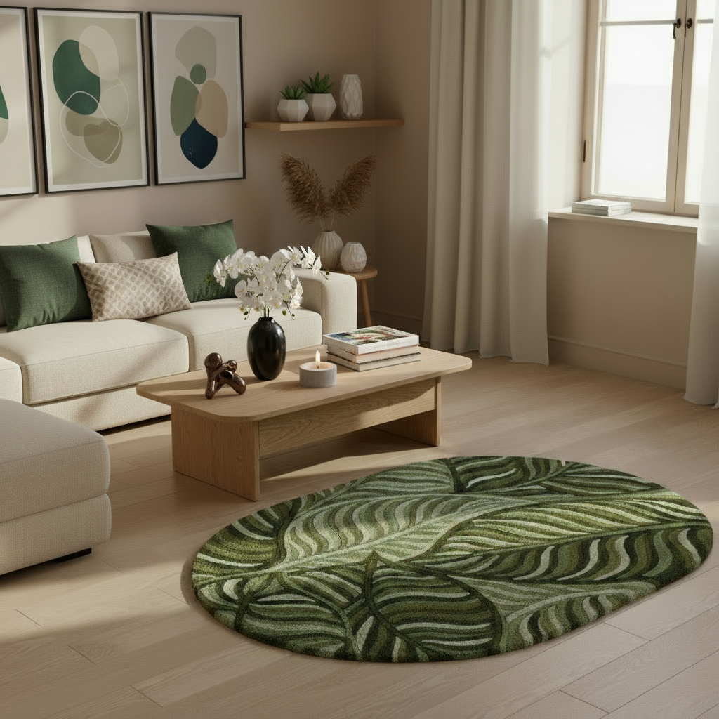 Living room with a green leaf-patterned rug, white sofa, and wooden coffee table.