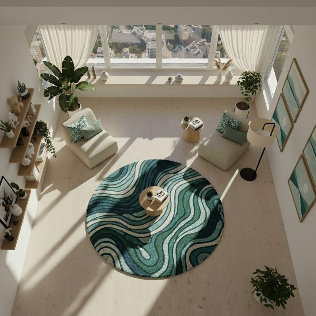 modern round green blue carpet with swirl design