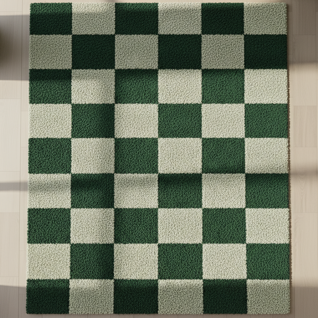 Checkered rug with green and beige squares on a neutral background