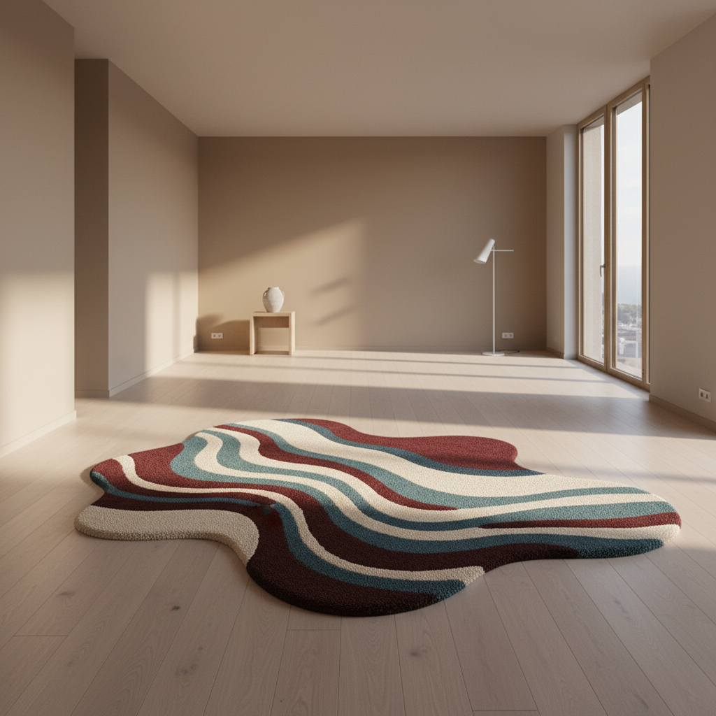 Colorful wavy rug on a wooden floor in a modern room with large windows.
