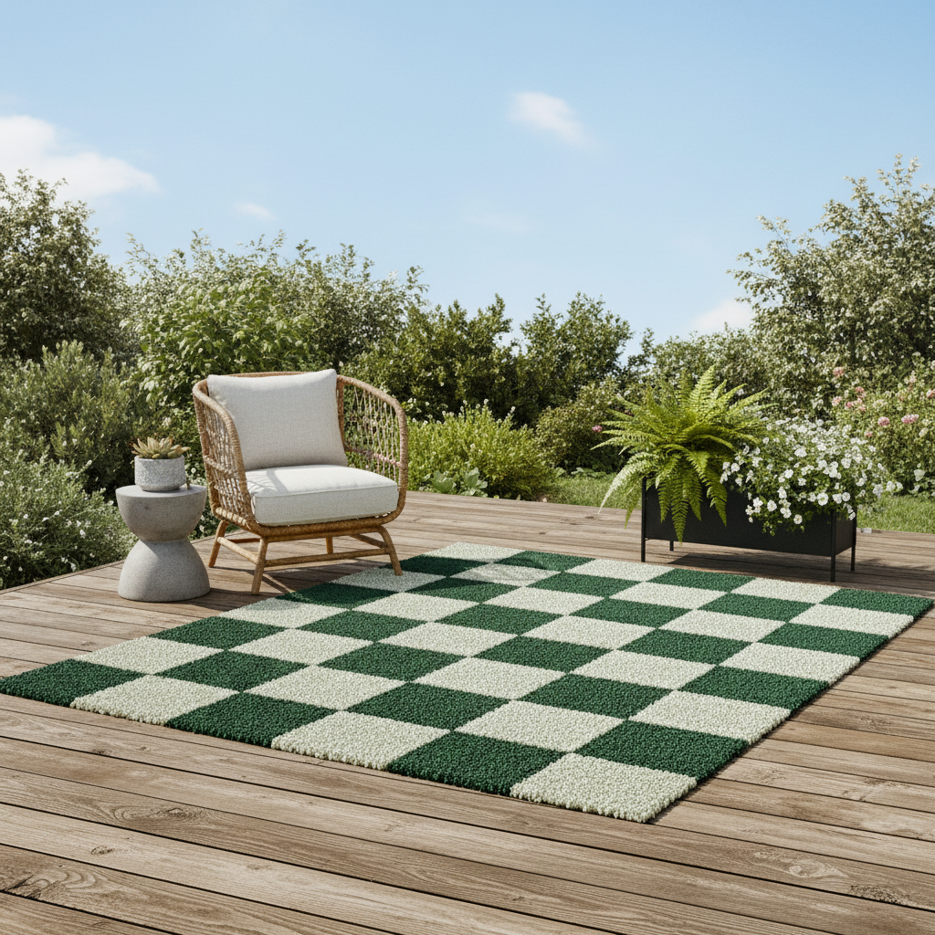 Checkered green and white outdoor rug on a wooden deck with a chair and plants.