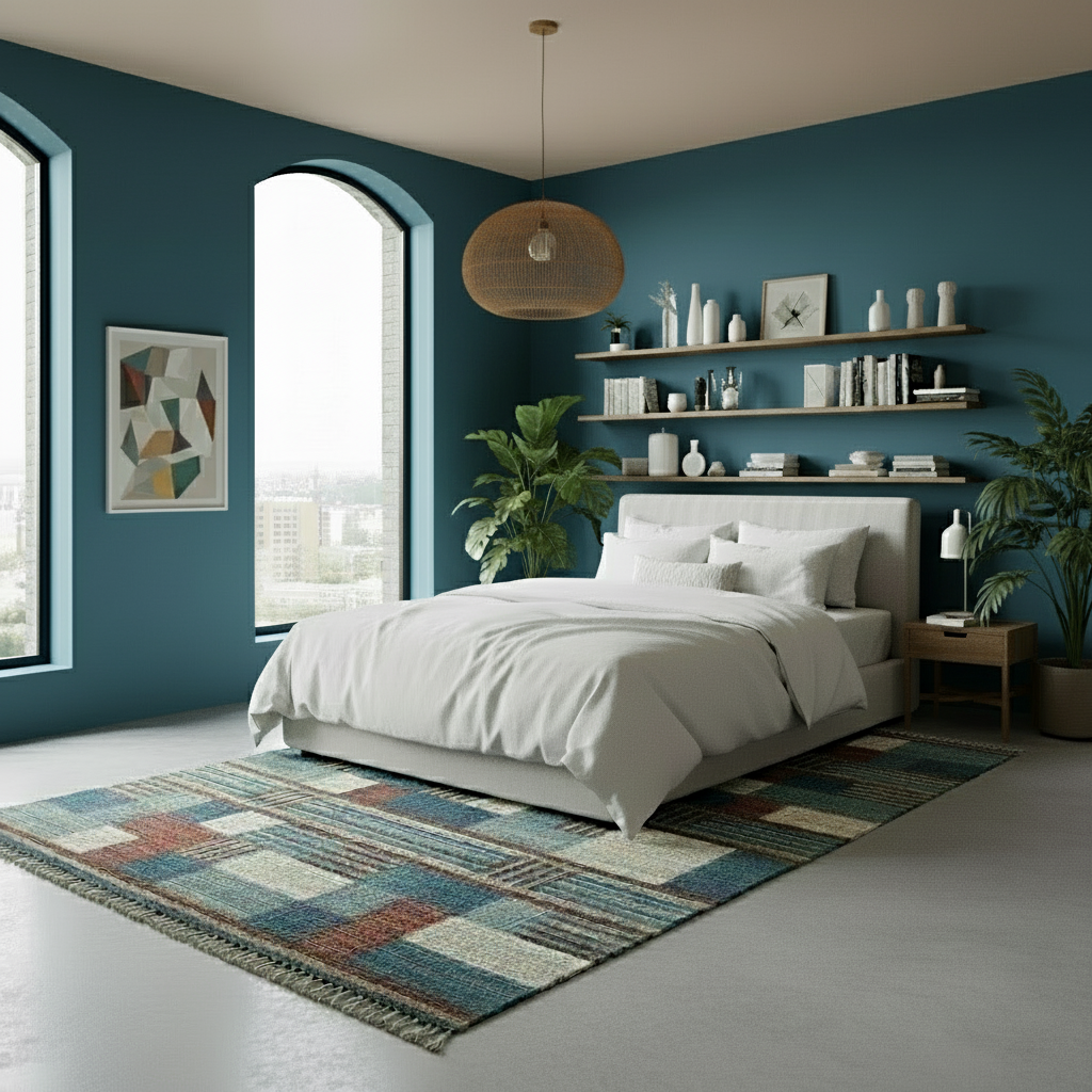 Modern bedroom with teal walls, a bed, shelves, and decorative elements.
