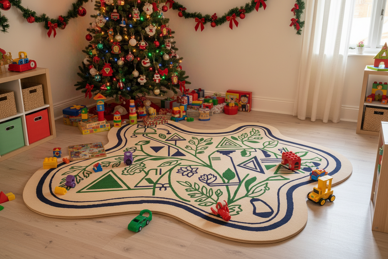 Unique shaped decorative rug with botanical artwork and geometric accents in green and blue.