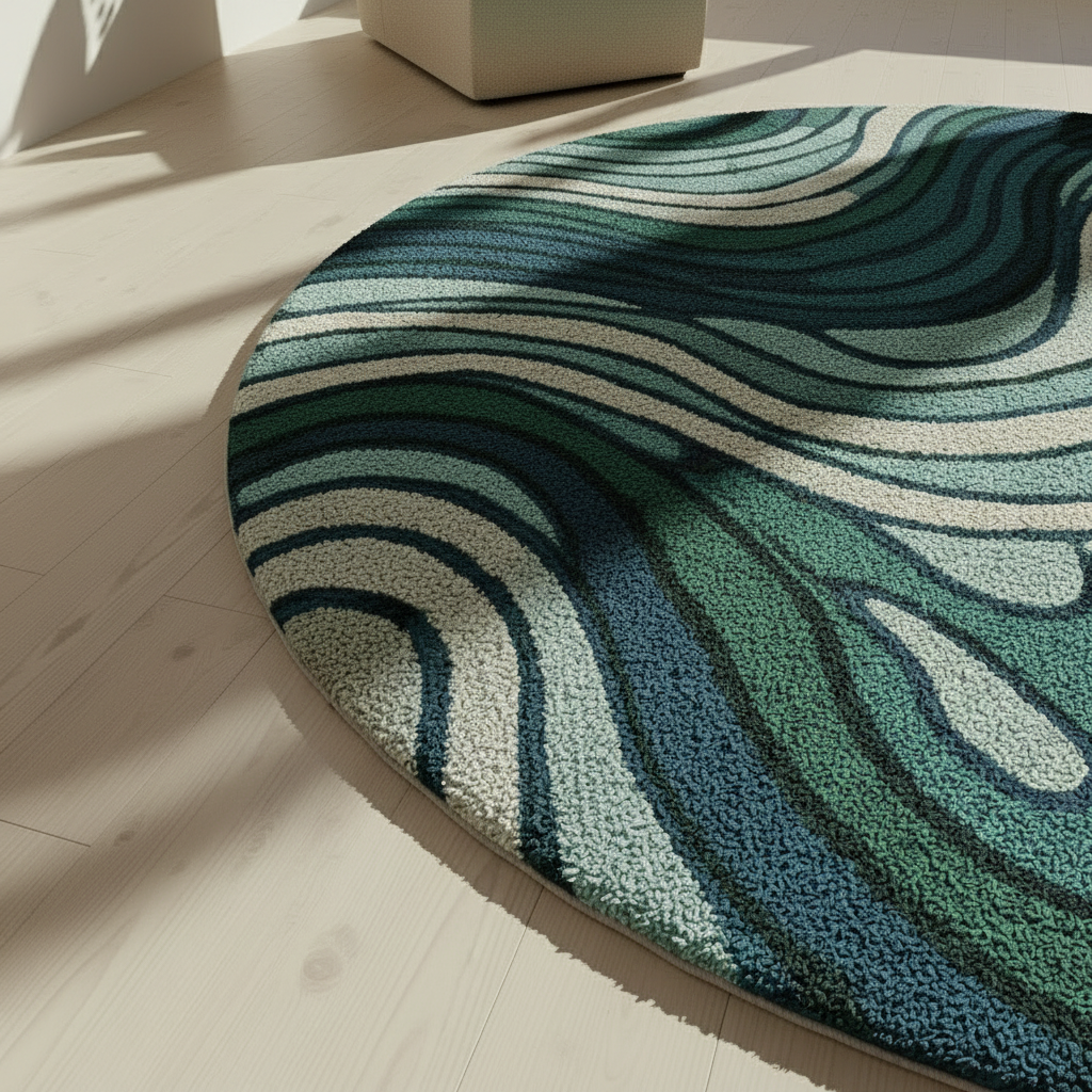 eco friendly carpet in teal and moss green tones