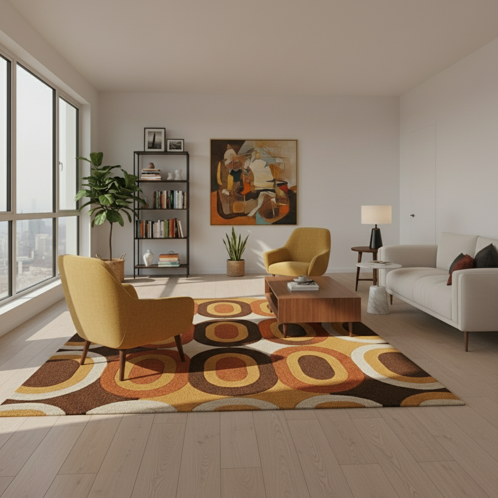 Retro Orange Brown Patterned Wool Blend Area Rug
