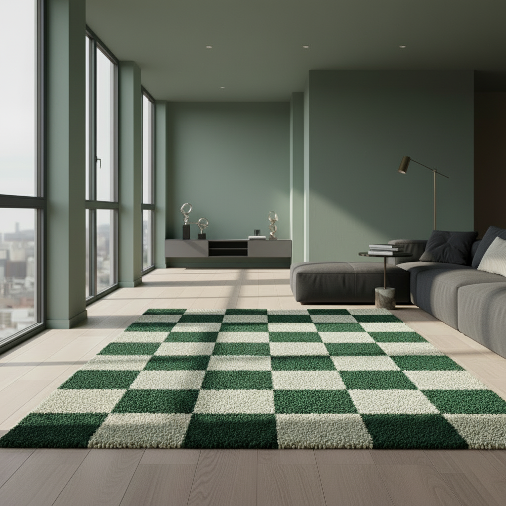 Modern living room with a checkered green and white rug, gray sofa, and large windows.