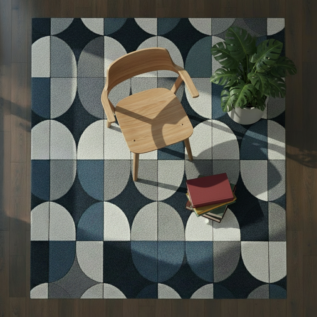 Contemporary oval block pattern rug in navy and charcoal tones