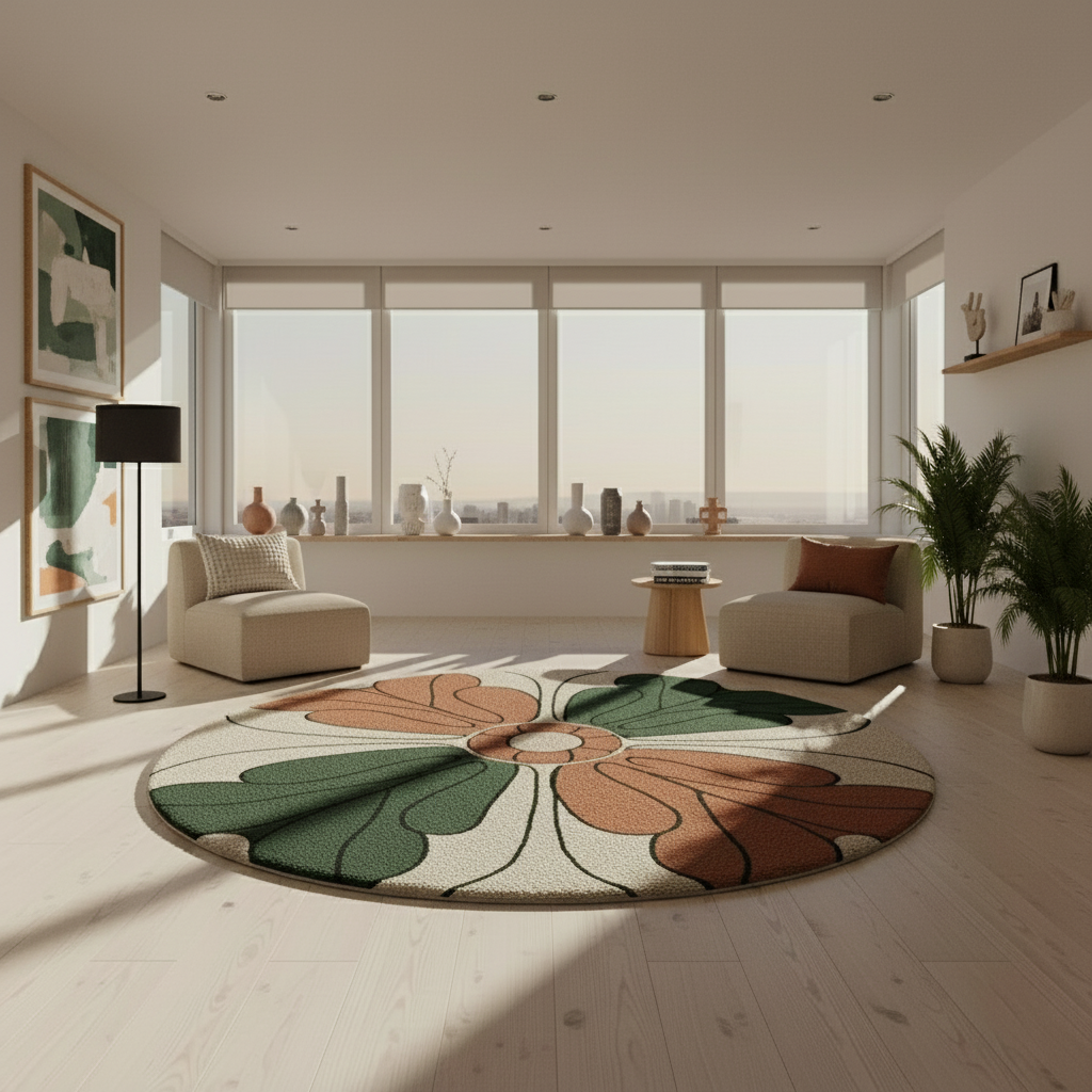 Retro-inspired round hand-tufted rug with bold petal shapes and center medallion.