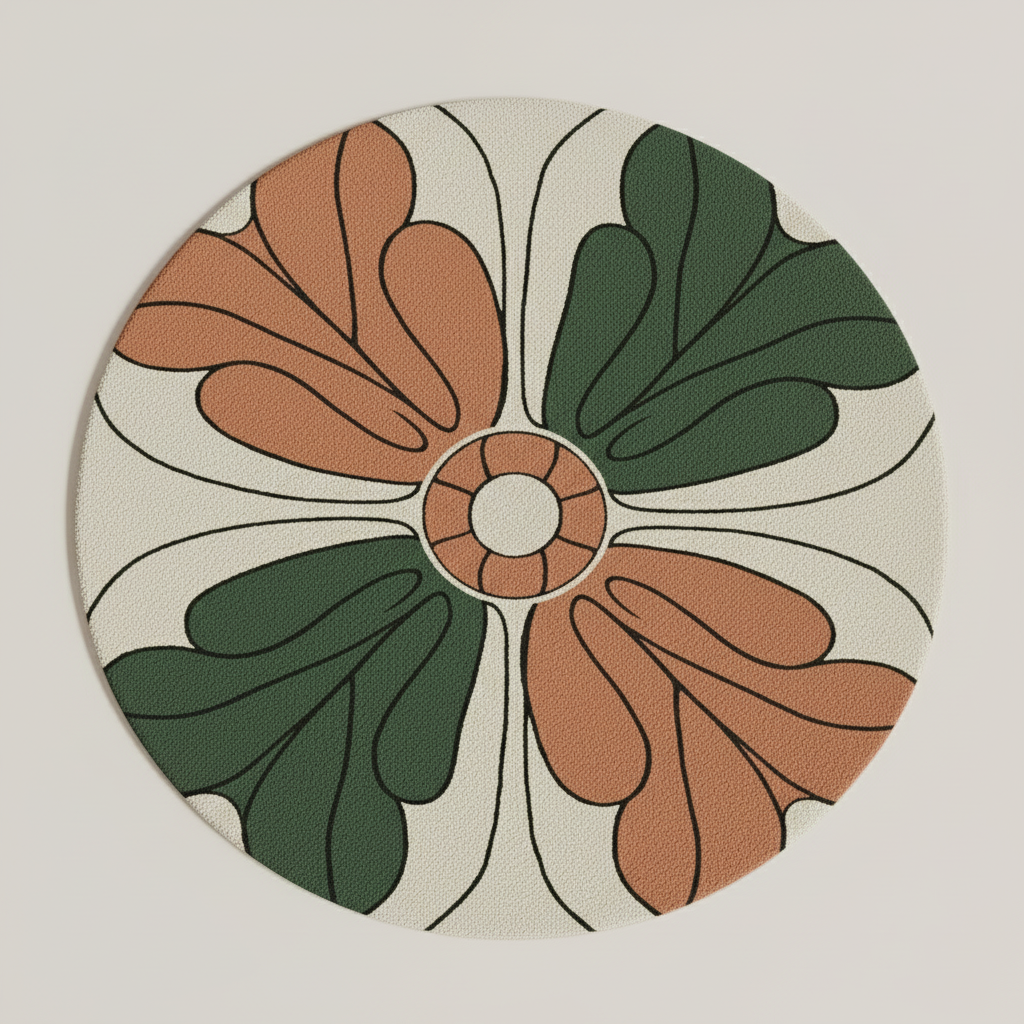 Round floral rug with burnt terracotta and forest green petals on a cream background
