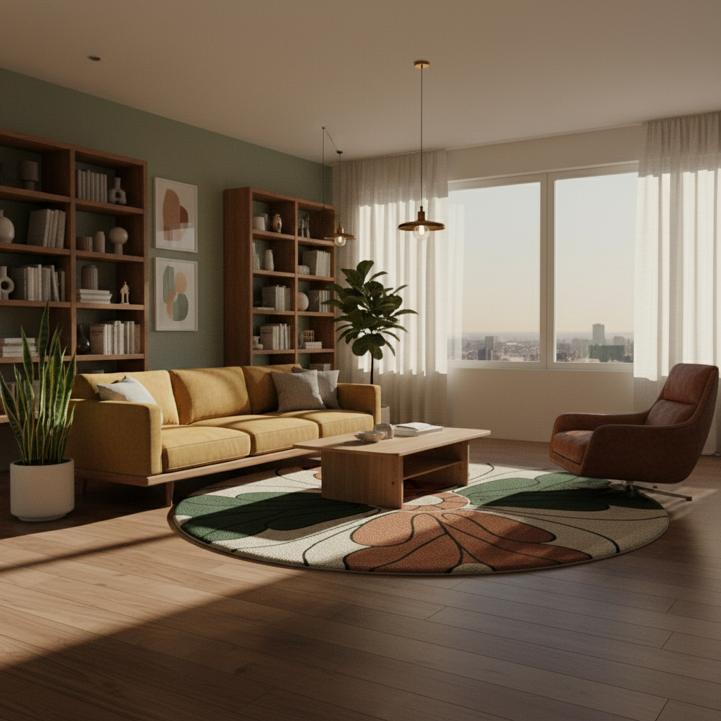 Modern floral round rug in forest green, burnt orange, and cream tones.