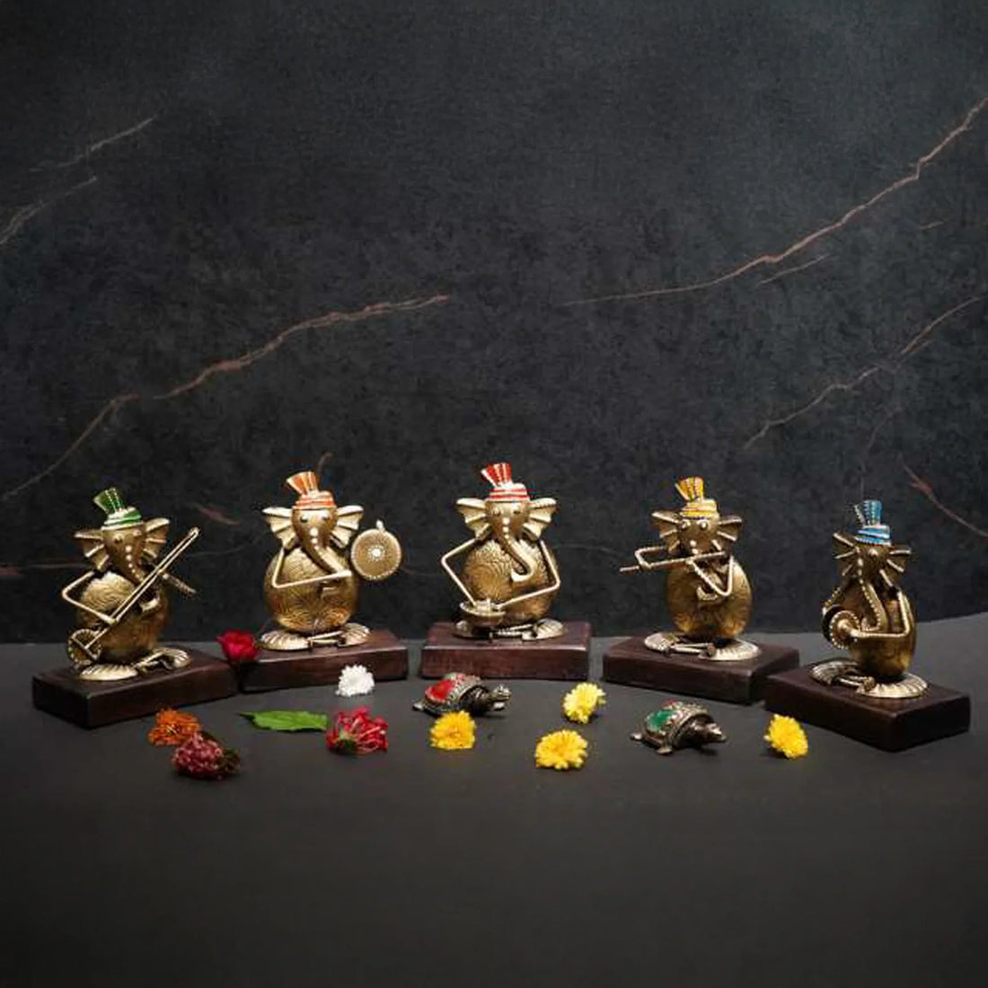 Iron Ganesh Musician Figurine Set – Set of 5 Handcrafted Decorative Idols