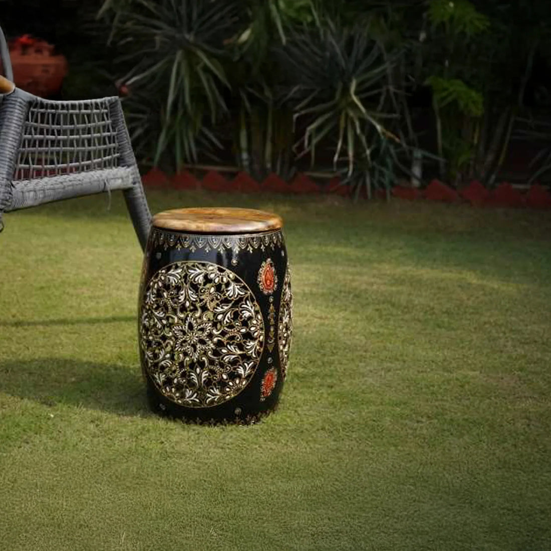 Small Metal Decorative Damru Stand – Handcrafted Indian Folk Art Table Accent
