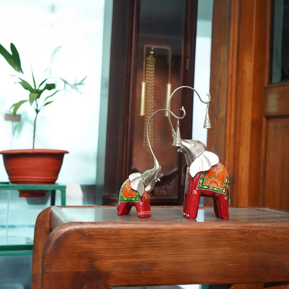 Wooden Trunk-Up Elephant with Bell - Handcrafted Artistic Decor