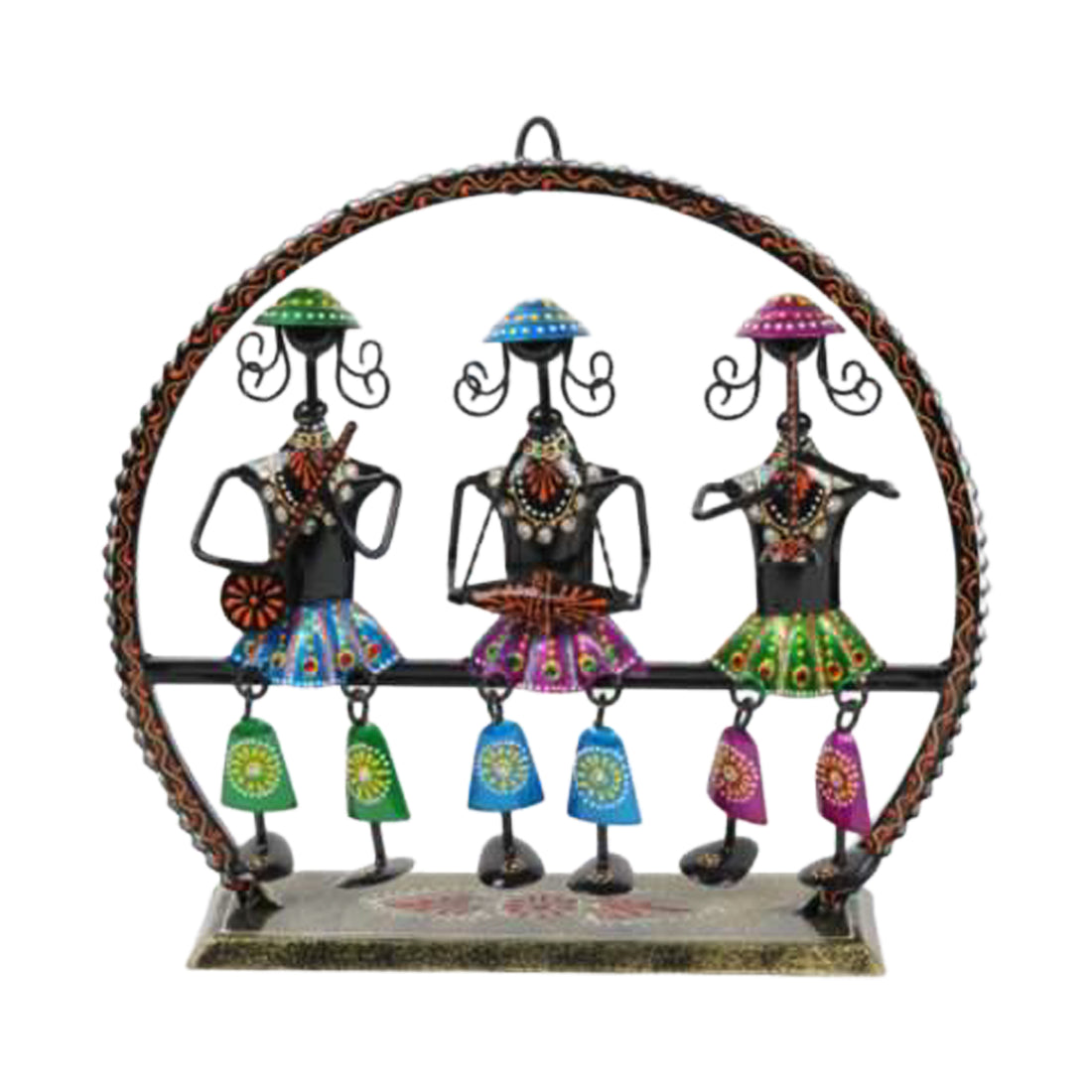 Black Metal 3-Doll Swing with Large Arched Bench – Handcrafted Folk Art Showpiece