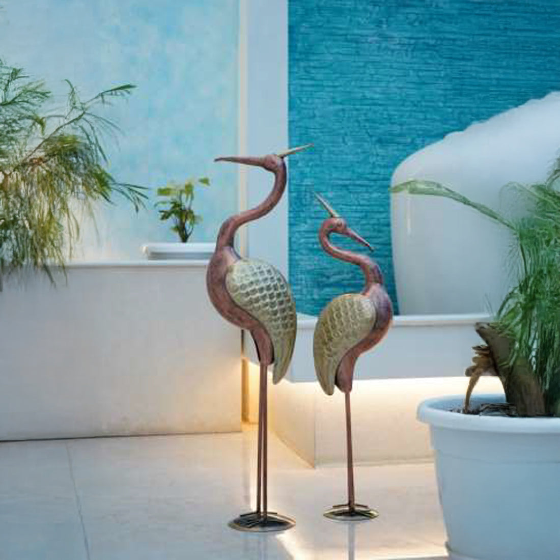 Crowned Metal Crane Figurines – Pair of 2 | Handcrafted Regal Décor Accents