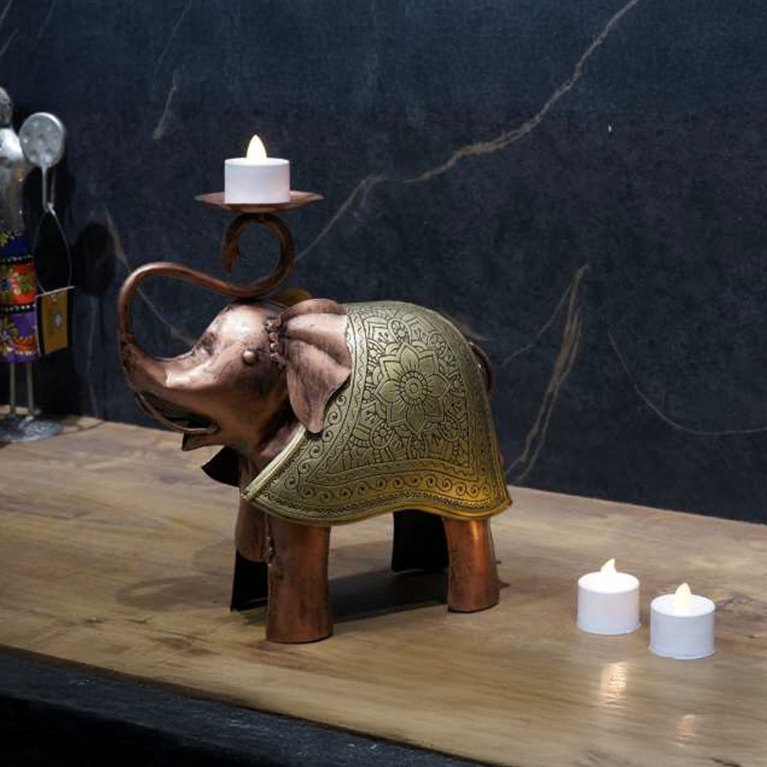 Metal Elephant Tealight Holder with Acid Etching – Decorative Candle Stand