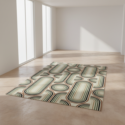Cream background rug with green curved lines and rust accents
