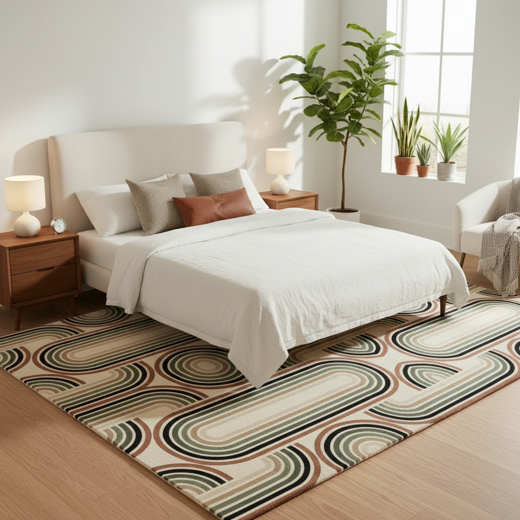 Vintage 70s style area rug with multicolor geometric shapes