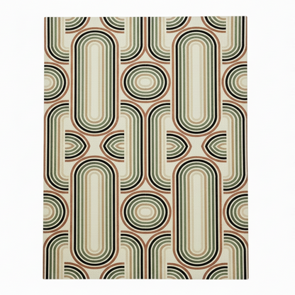 Hand-tufted retro geometric rug in olive green, sage, and rust tones