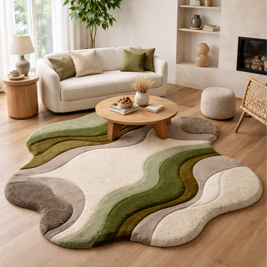 Modern Abstract Handmade Area Rug – Luxury Green &amp; Neutral Wavy Designer Carpet for Living Room | USA Collection