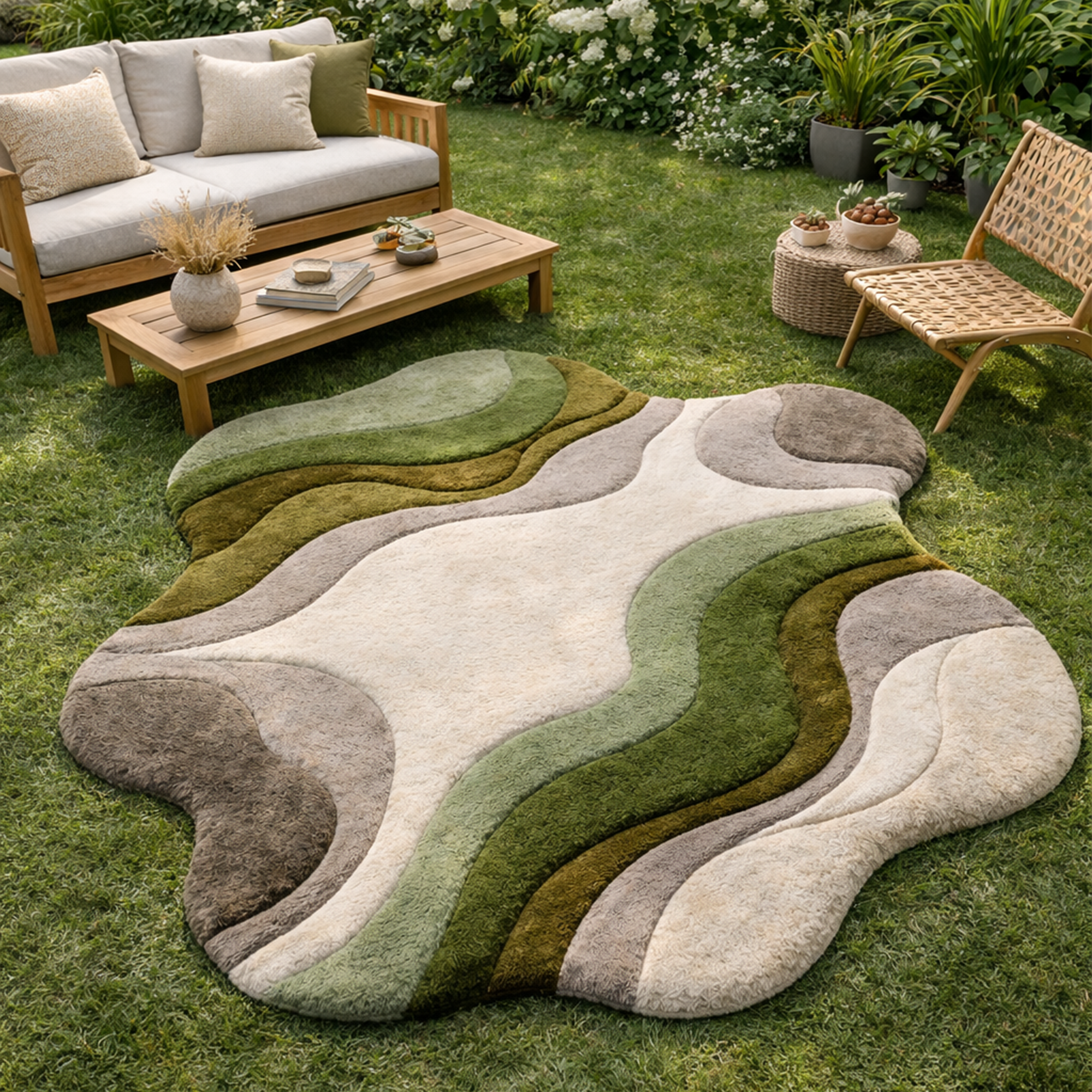 Modern Abstract Handmade Area Rug – Luxury Green &amp; Neutral Wavy Designer Carpet for Living Room | USA Collection