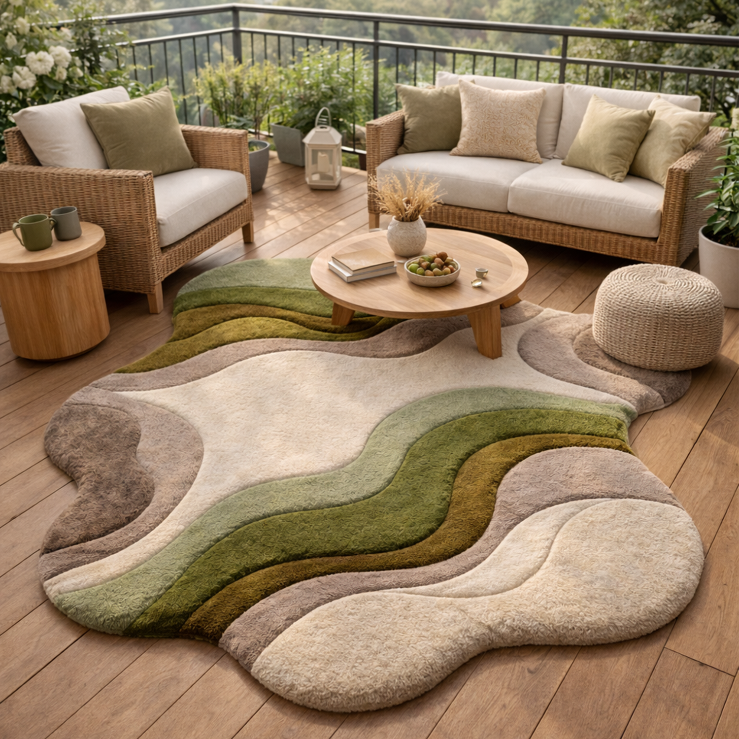 Modern Abstract Handmade Area Rug – Luxury Green &amp; Neutral Wavy Designer Carpet for Living Room | USA Collection