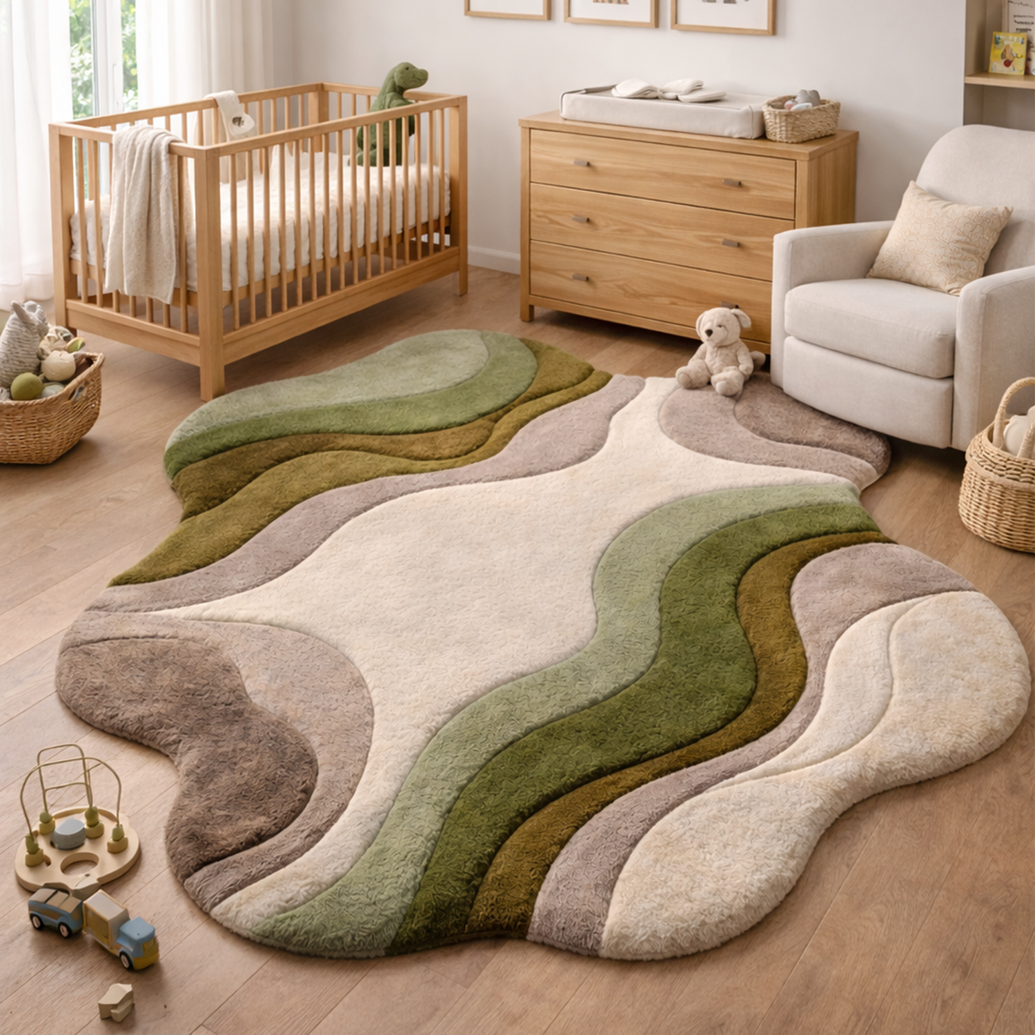 Modern Abstract Handmade Area Rug – Luxury Green &amp; Neutral Wavy Designer Carpet for Living Room | USA Collection