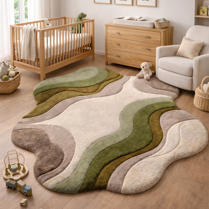 Modern Abstract Handmade Area Rug – Luxury Green &amp; Neutral Wavy Designer Carpet for Living Room | USA Collection