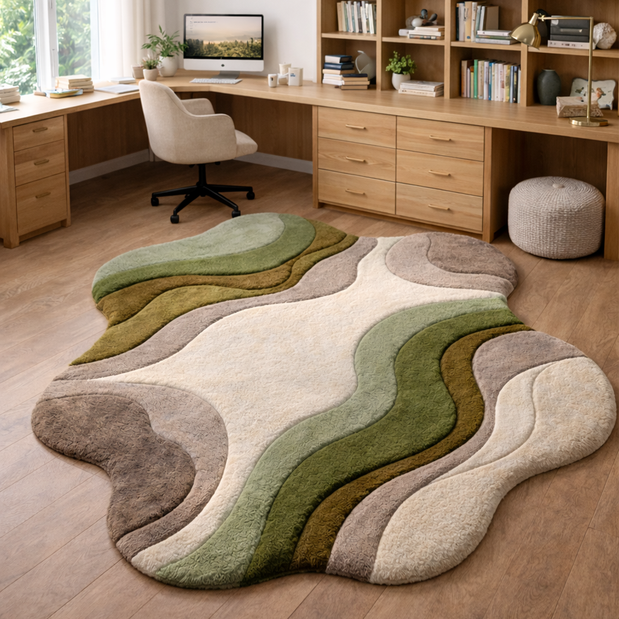 Modern Abstract Handmade Area Rug – Luxury Green &amp; Neutral Wavy Designer Carpet for Living Room | USA Collection