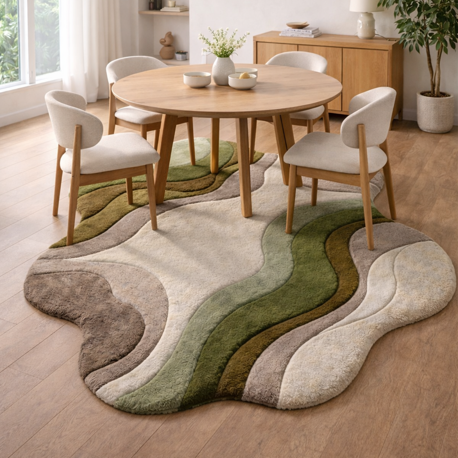 Modern Abstract Handmade Area Rug – Luxury Green &amp; Neutral Wavy Designer Carpet for Living Room | USA Collection