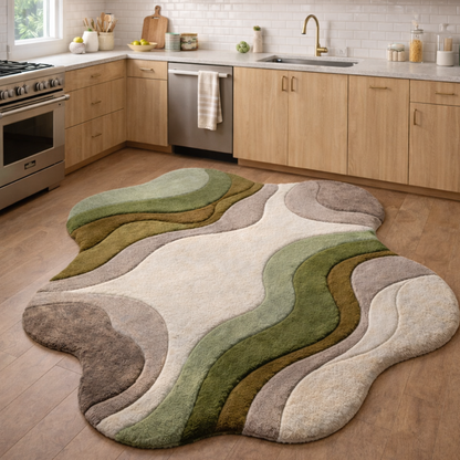 Modern Abstract Handmade Area Rug – Luxury Green &amp; Neutral Wavy Designer Carpet for Living Room | USA Collection