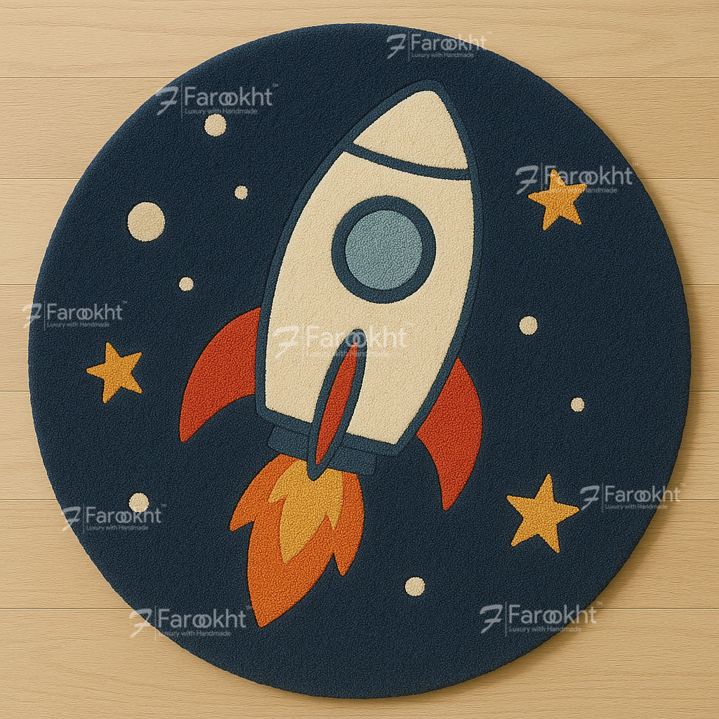 Space theme area rug featuring a cartoon rocket and stars, soft wool blend design.