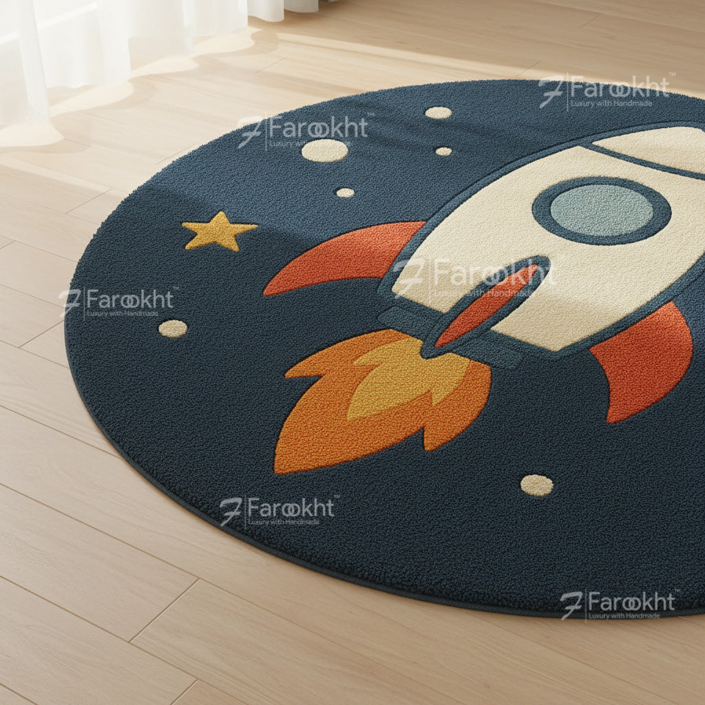 Kids rocket ship rug in dark blue with bright orange flames, perfect for playrooms.