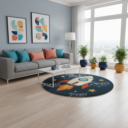 Hand-tufted space rug with stars and rocket graphic for nursery or bedroom flooring.