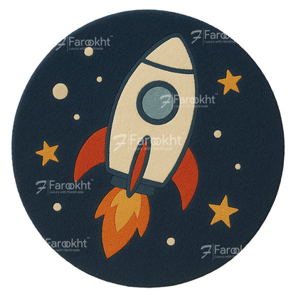 Round hand-tufted rocket rug with navy blue background for kids’ room decor.
