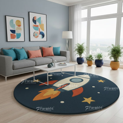 Modern kids area rug featuring a playful rocket design in navy, red, and yellow.