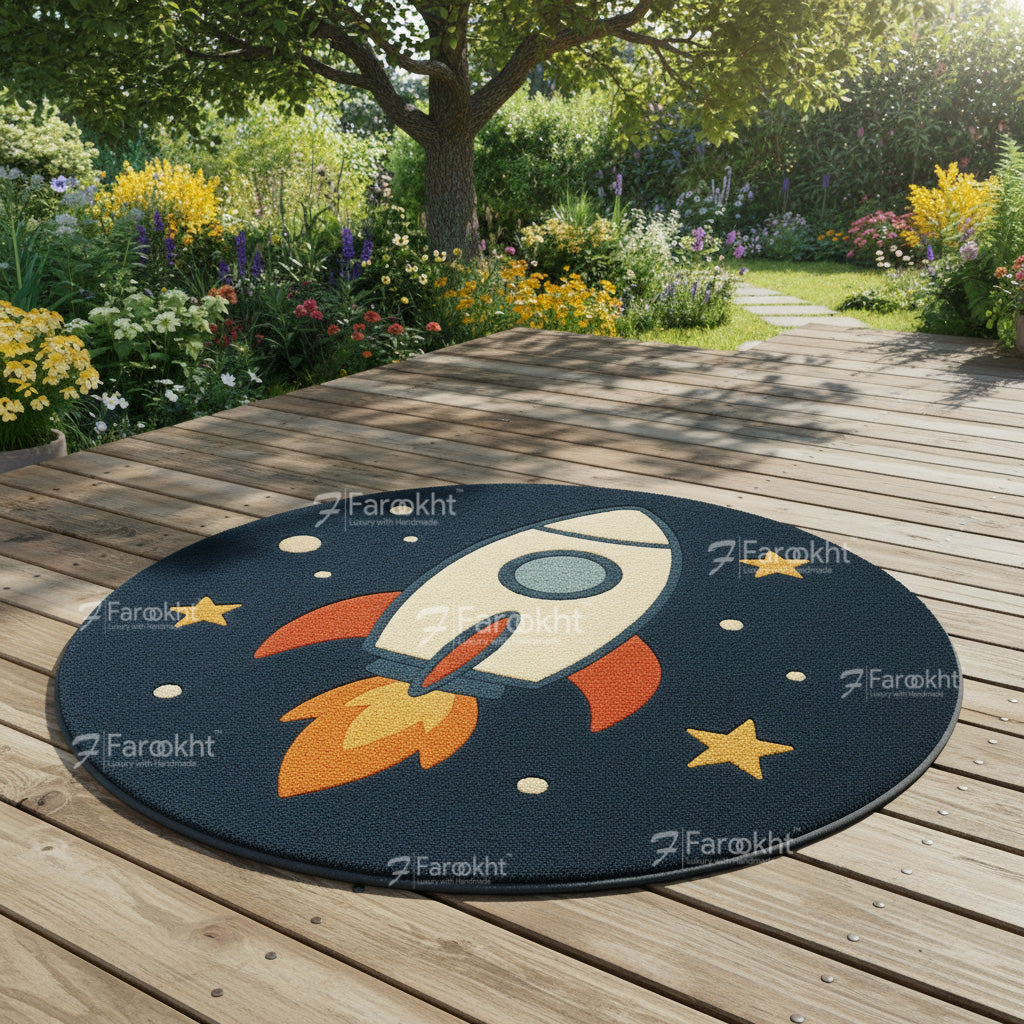 Cute round space rug with rocket illustration, ideal for boys’ and girls’ rooms.