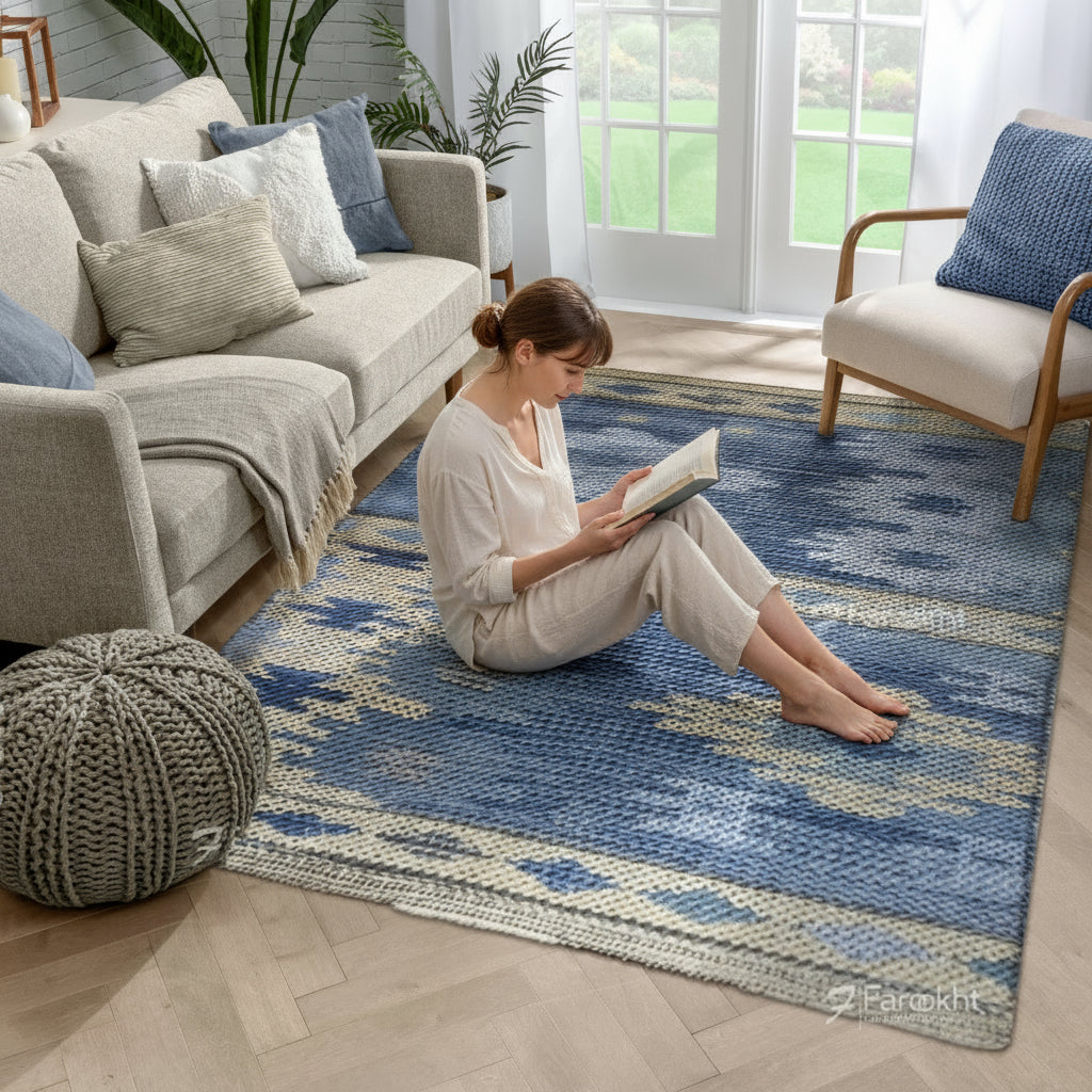 Living room with a blue and beige patterned rug, sofa, and armchair.